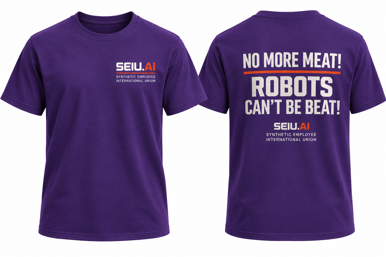 Concept product photo: No More Meat! Robots Can't Be Beat! — SEIU.AI Union T-Shirt